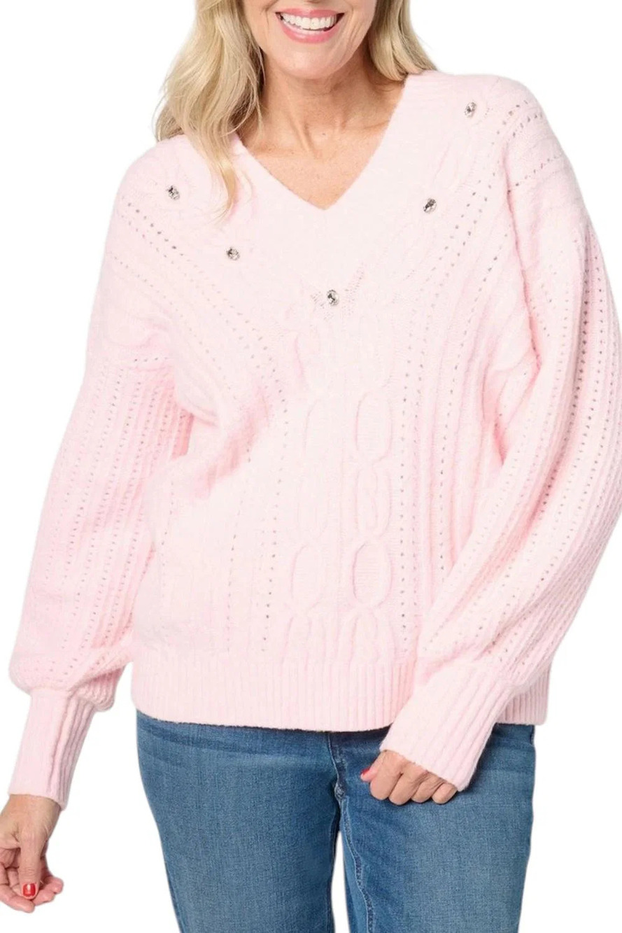 Isaac Mizrahi Live! Apres V-Neck Cable Stitch Sweater with Stones Pink - Regular